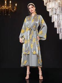 Al Najma Bộ trang phục 2 món gồm váy tay loe cổ tròn màu trơn dành cho nữ + áo khoác thêu họa tiết - Xám - Xem 4
