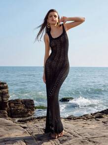 SHEIN Swim 镂空长滩罩衫连衣裙（夏季） - 黑色 - 查看 4
