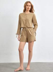 Ocili 女性下垂肩袖家居短款上衣 - 卡其色 - 查看 5