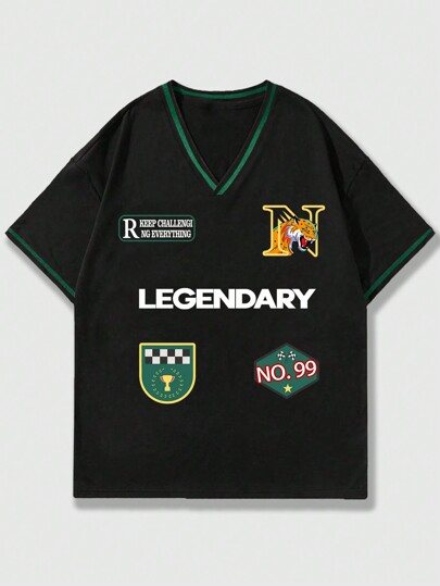 Street Life Men's Badge & Letter Print V-Neck T-Shirt