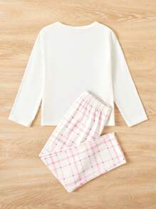 年轻女孩可爱兔子和心形图案长袖裤家居服套装，秋冬季可爱睡衣女孩睡衣套装