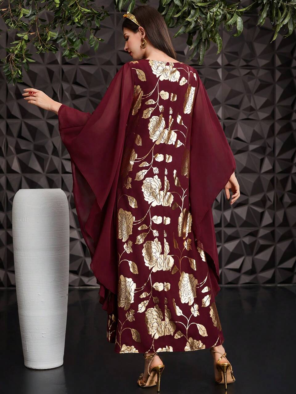 Burgundy Red Floral Print Patchwork Batwing Sleeve Dress With Gold Foil Detailing Kaftan Jalabiya Dress
