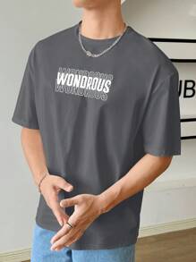 Manfinity RebelGame Loose Men's Letter Printed Stretchy Knit T-Shirt - Dark Grey - View 3