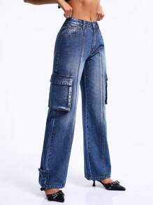 SHEIN BAE Women's Fashionable Cargo Denim Pants With Exposed Stitching And Pockets - Blue - View 3