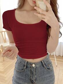 DAZY Áo thun nữ tay ngắn màu trơn mùa hè, áo crop top nữ - Đỏ - Xem 5