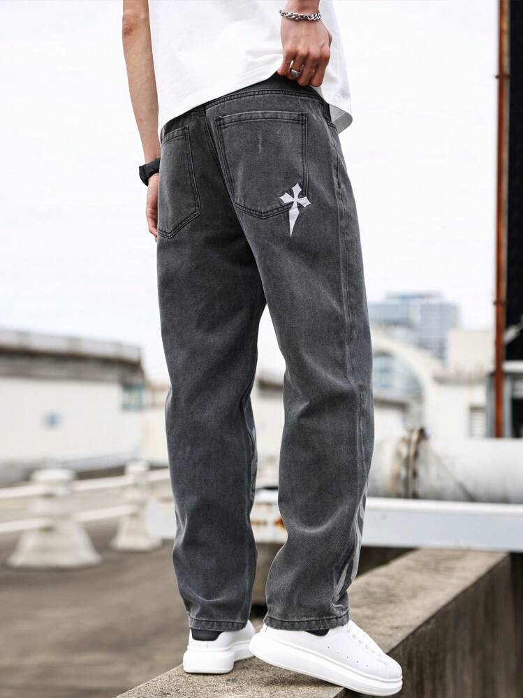 Manfinity LEGND Men's Denim Jeans With Cross Logo Pattern And