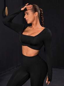 SHEIN Tennis Casual Của phụ nữ Cổ vuông Chất rắn Có màu sắc Ngắn Thể thao Áo thun - màu đen - Xem 4