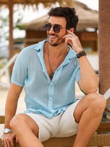 Manfinity RSRT Men's Solid Color Short Sleeve Knitted Crochet Top - Blue - View 1