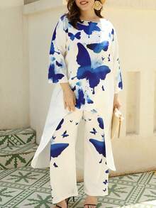 Plus Butterfly Print Asymmetrical Hem Top & Wide Leg Pants - White - View 3