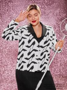 Marilyn Monroe X SHEIN Plus Full-Print Contrast Lapel Collar Blazer - Black and White - View 3