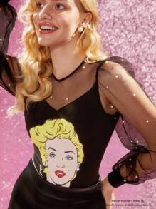 Marilyn Monroe X SHEIN Body con stampa di caratteri, decorato con contrasto di rete e perle finte