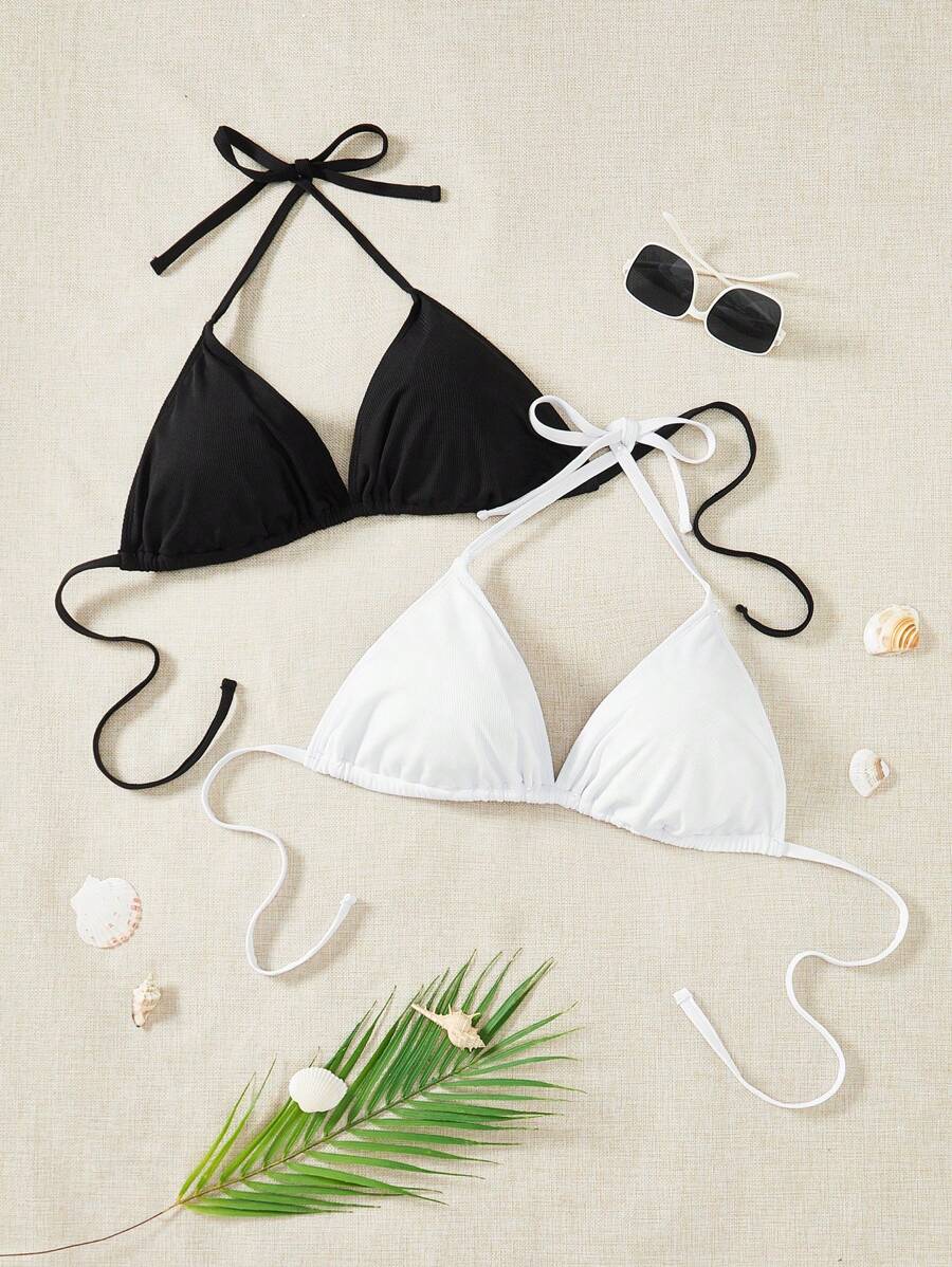 Swim SXY Plus Size Women's Halter Triangle Bikini Top 2pcs Set, Beach Outfit Bathing Suit Summer,Summer Beach