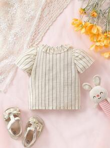 SHEIN 1 件装女婴休闲优雅条纹荷叶边衬衫上衣，荷叶边饰边设计