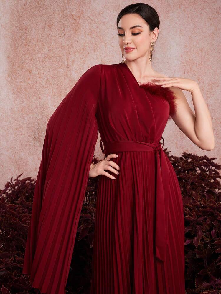Burgundy Red Women's One-Shoulder Cape Sleeve Fuzzy Trim & Pleated Detail Dress Long Evening Dresses