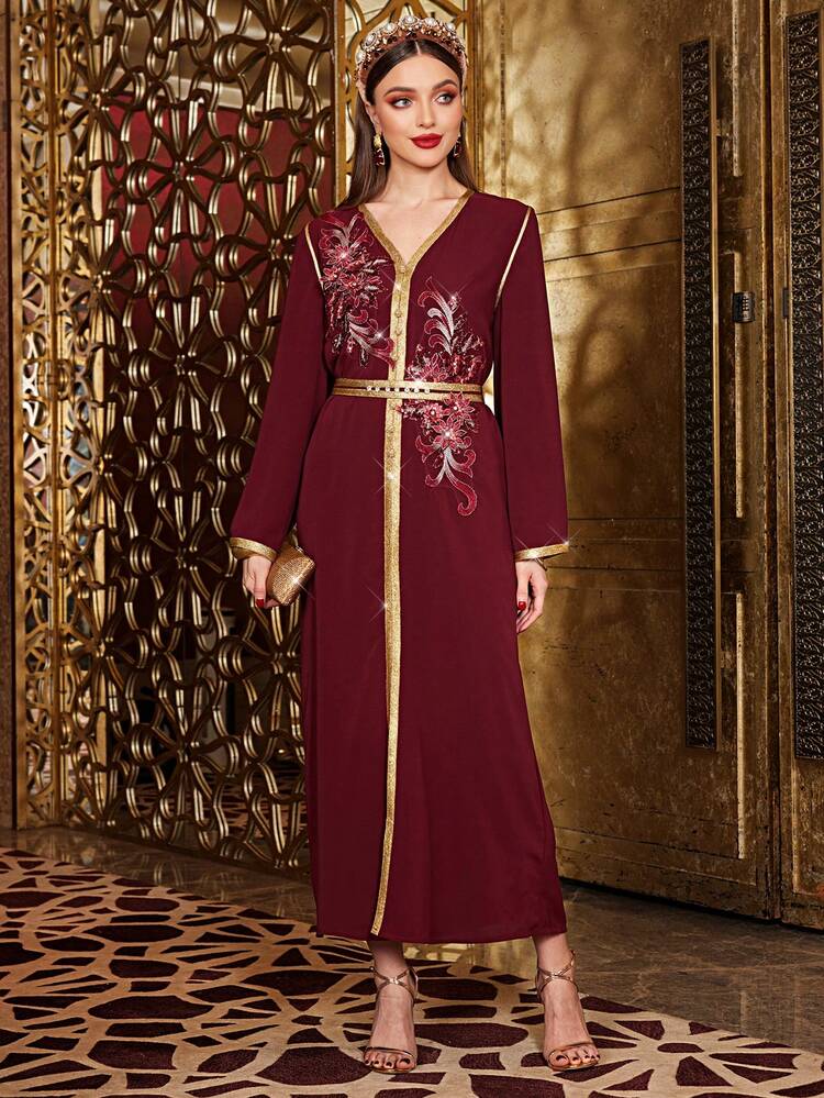 Burgundy Red Women'S 3d Flower Decorated Long Sleeve Jalabiya Dress, Elegant Luxury Evening Party Style