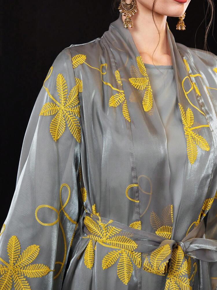 Ladies' Solid Color Round Neck Flare Sleeve Dress + Embroidered Detail Jacket 2pcs Outfit 2 Piece Set