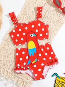 Baby Girl Polka Dot & Bird Print Applique Ruffle One-Piece Swimsuit - Multicolor - View 1