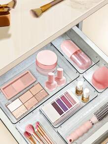 SHEIN Basic living Conjunto De 4 Cajas De Almacenamiento Organizadoras De Plástico Transparente Para Cajones, Con 4 Tamaños Disponibles Y Separadores Para Maquillaje, Joyas, Herramientas De Cocina, Dormitorio, Baño Y Suministros De Oficina - Blanco - Ver 2
