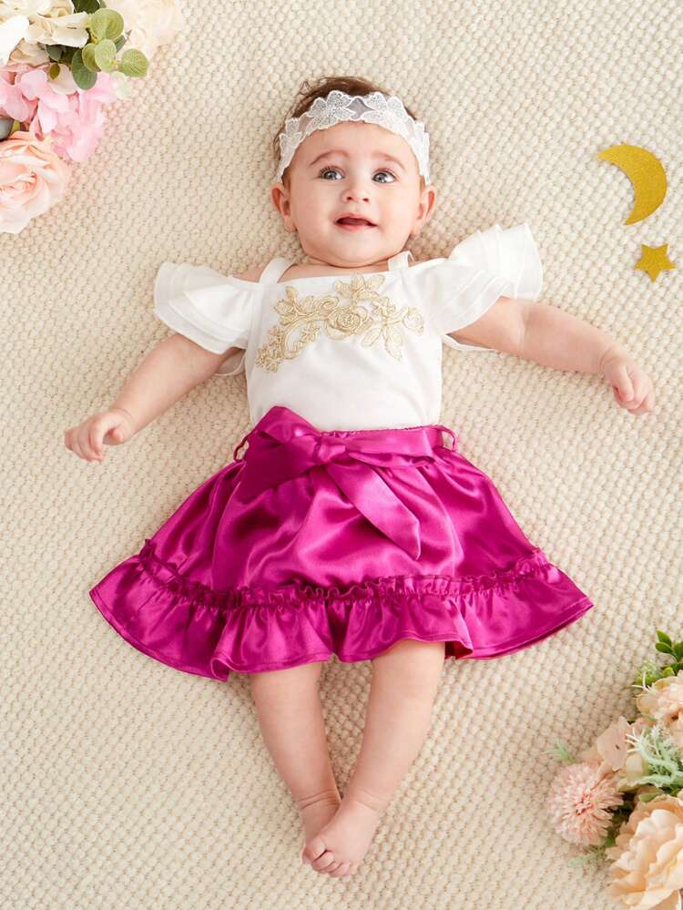Baby Girl Ruffle Trim Off Shoulder Flower Embroidery Tank Top A-Line Skirt Set