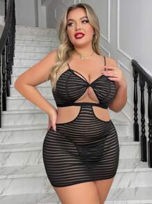 大尺碼女性空心性感睡衣裙+丁字褲 - 黑色 - 查看 4