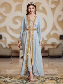 Al Najma 女士兩件套裝：拼接編織腰帶風衣和無袖連衣裙 - 霧霾藍 - 查看 3