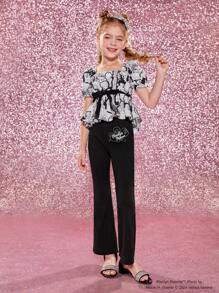 Marilyn Monroe X SHEIN Tween Girl Figure Print Ruffle Hem Blouse & Letter Graphic Flare Leg Pants - Multicolor - View 7