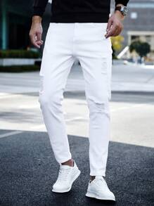 SHEIN Teen Boys' White Ripped Denim Jeans - White - View 7