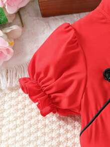 SHEIN Vestido de manga abullonada estilo chino para niña con botones de estilo tradicional - Rojo - Ver 6