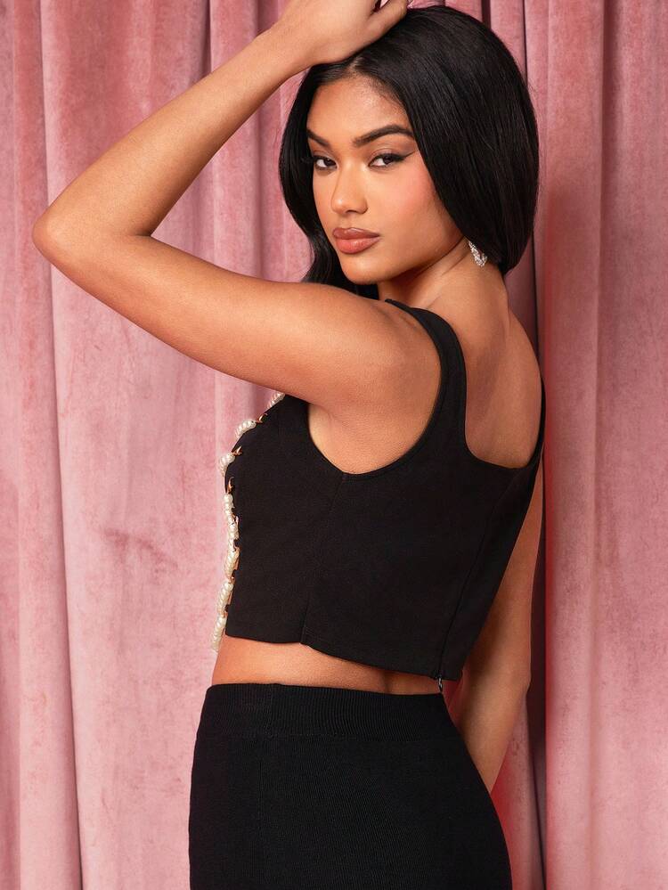 Layered Faux Pearl Overlay Top