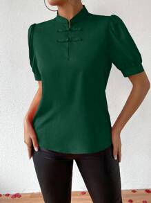 SHEIN Clasi 女士中式泡泡袖扣緊襯衫 - 墨綠色 - 查看 6