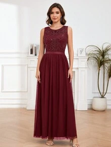 Round Neck Beaded Party  Dress Cocktail Dress - Burgundy - View 3