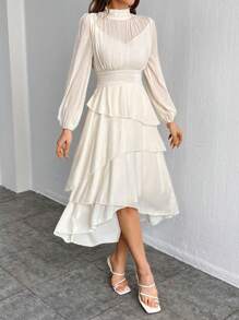 SHEIN Privé Women's Stand Collar Lantern Sleeve Cinching Waist Ruffle Hem Dress