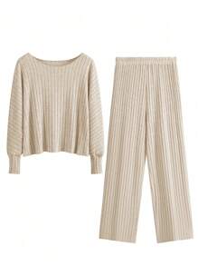 SHEIN LUNE Plus Size Solid Color Lantern Sleeve Top And Elastic Waist Pants Set, Women - Khaki - View 4