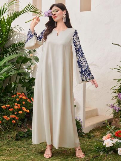 Al Najma 缺角領熱帶印花喇叭袖連身裙