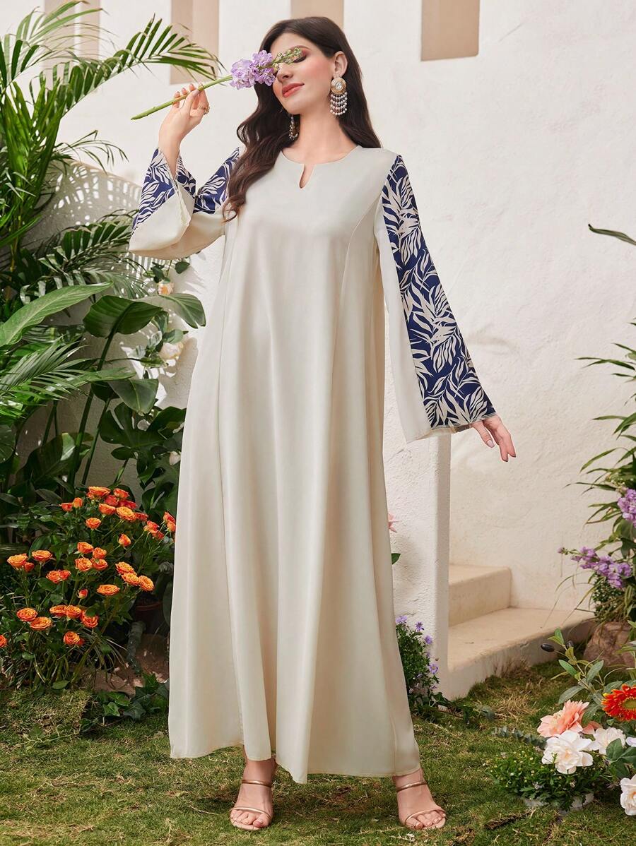 Al Najma 缺角領熱帶印花喇叭袖連身裙 - 杏色 - 查看 1
