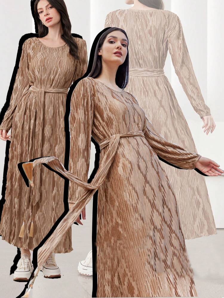 Solid Color Round Neck Long Sleeve Dress