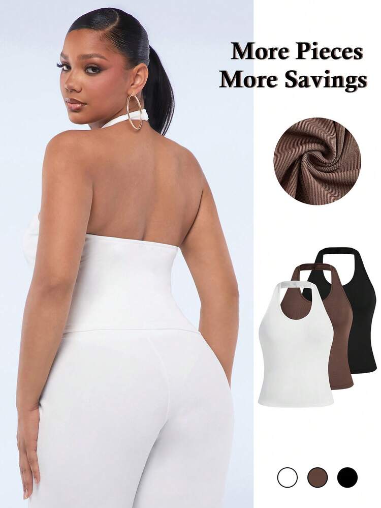 Plus Size Women'S Solid Color Halter Neck Tank Top