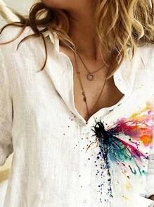 Neue Frühlings- und Sommerfrauen Mode Aquarelllibellenprint lässiges, weites Langarmhemd, Langarmtops