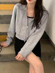 女款純色圖案雙拉鍊短款連帽衛衣，冬季外套，秋季服飾，休閒上衣，拉鍊連帽衫，適合日常通勤與返校 - 灰色 - 查看 6