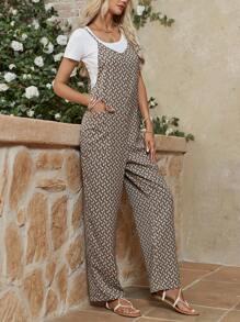 SHEIN LUNE Jumpsuit Con Cuello En V Y Pantalones Ajustados Con Patrón Geométrico Impreso Completo Para Mujeres