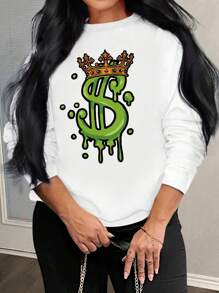 SHEIN Slayr Plus Size Women's Crown & Letter Print Long Sleeve Sweatshirt - White - View 1