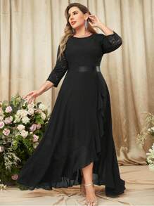 MIUSOL Plus Elegant Floral Lace 3/4 Sleeve Ruffle Trim Flowy Maxi Swing Dress, Formal Evening Gown, For Wedding Guest, Graduation, Dinner, Homecoming, Birthday Party - 黑色 - 查看 6