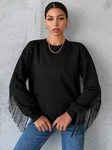 RueChic Fringe Trim Drop Shoulder Sweatshirt - Black - View 4