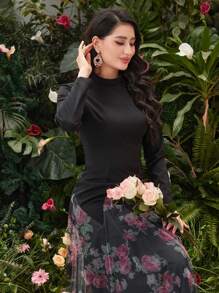 Modelyn Ladies' Patchwork Floral Mesh Hem Long Sleeve Dress Fall Cloth For Women - Multicolor - View 3