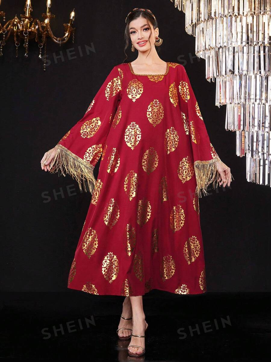 Al Najma Vestido De Mujeres Con Parche Floral Impreso Dorado Y Con Flecos En El Dobladillo