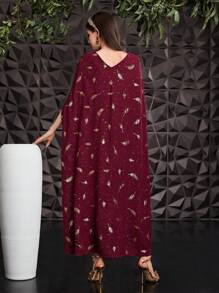 Al Najma Burgundy Red Women's Cape-Style Turkish Long Shirt With Feather Print & Gold Foiling