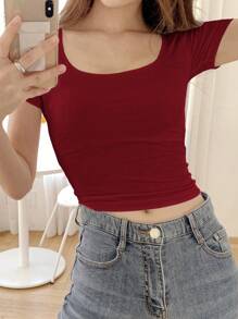DAZY Áo thun nữ tay ngắn màu trơn mùa hè, áo crop top nữ - Đỏ - Xem 2