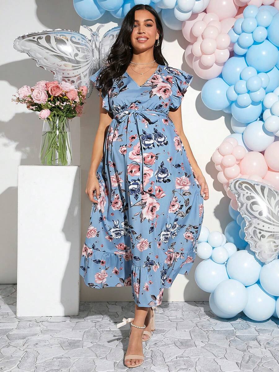 Loomaby 孕妇中长款花卉印花连衣裙，适合迎婴派对 - 藍色 - 查看 1