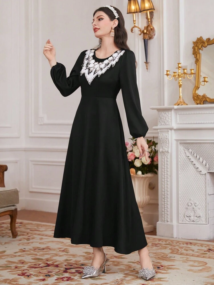 Women's Beaded Embroidered Lantern Sleeve Dress Long Evening Dresses Fall Cloth For Women