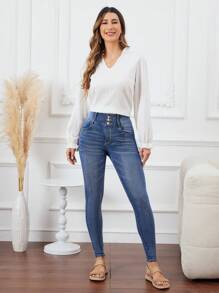 SHEIN LUNE Thon gọn Denim Quần jean Đối với phụ nữ Với nút Khép kín - Rửa nhẹ - Xem 4
